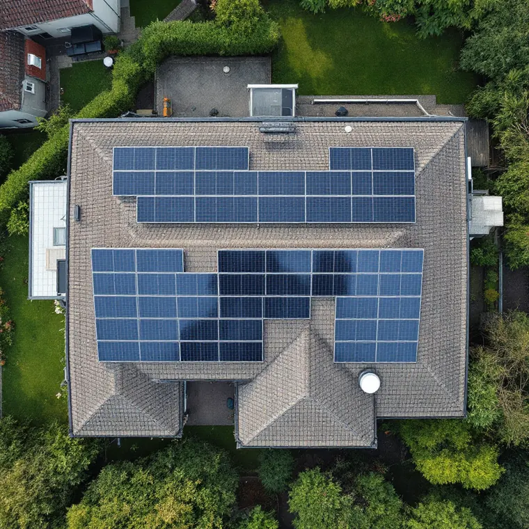 Vue aérienne d'une toiture résidentielle couverte de panneaux photovoltaïques
