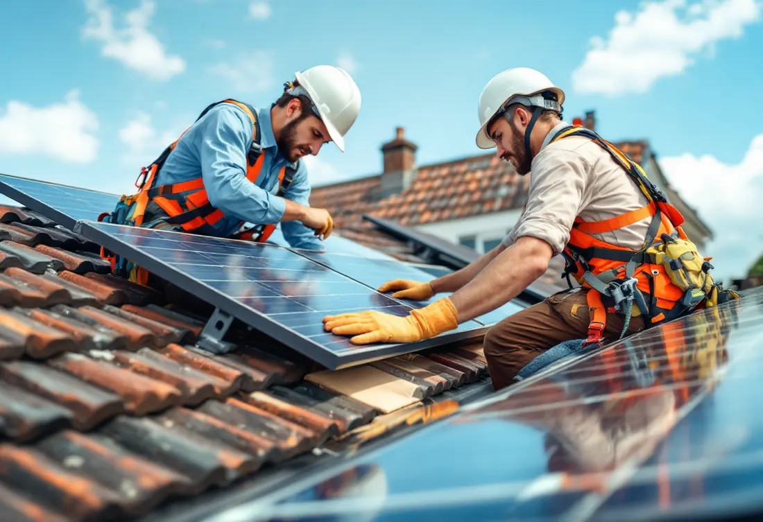 Installateurs posant des panneaux photovoltaïques sur une toiture
